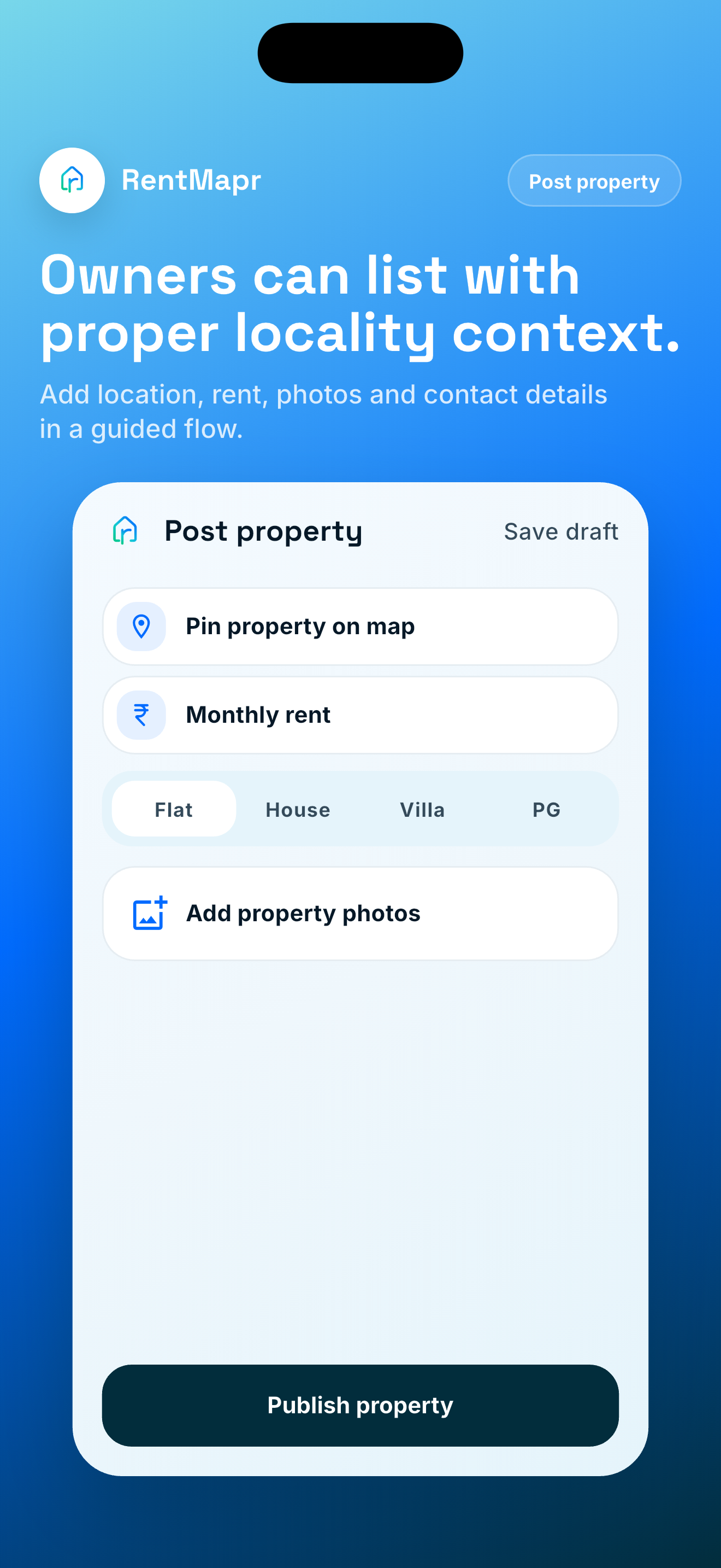 RentMapr owner post property screen with map pin, rent, property type, and photos