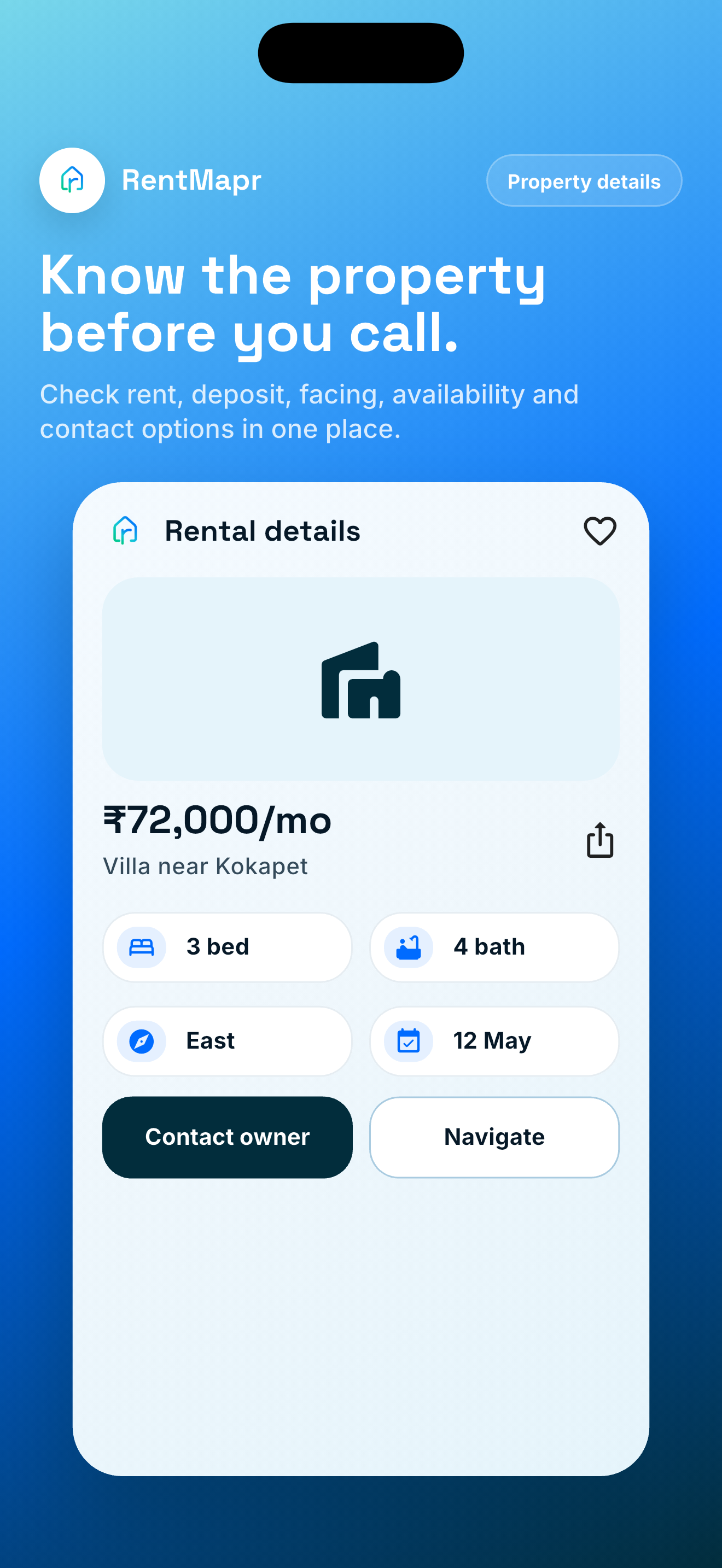 RentMapr rental detail screen with rent, bedrooms, bathrooms, facing, and availability